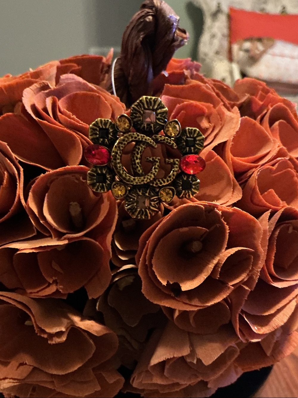 Gucci Gold-Tone Floral Brooch with Red and Yellow Crystals